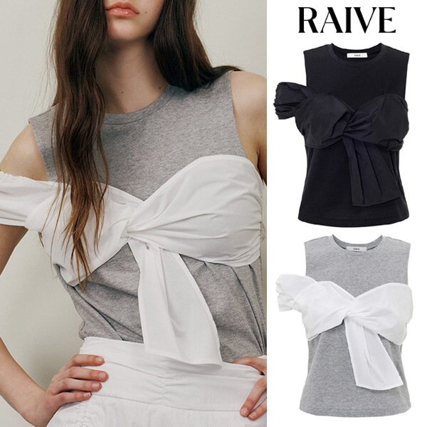 アシンメトリック パフ ノースリーブ トップ Tシャツ_2色