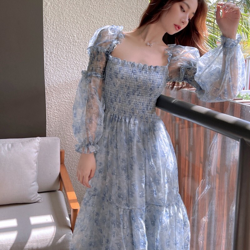 ワンピース 長袖 スクエアネック 膝下丈 ミドル丈 シフォン ティアードスカート フリル ハイウエスト ウエストマーク 花柄 フラワー ドレス 春 夏 きれいめ オケージョン エレガント フェミニン 5,122円