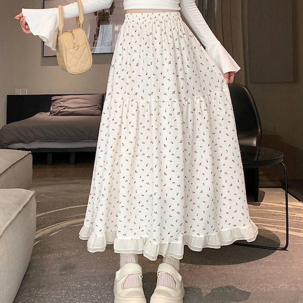 裾フリル レディース スカート ボトムス ロングスカート Aライン 膝下 ミモレ ロング ハイウエスト ウエストゴム 異素材ミックス かわいい 大人可愛い きれいめ シンプル カジュアル おしゃれ こ