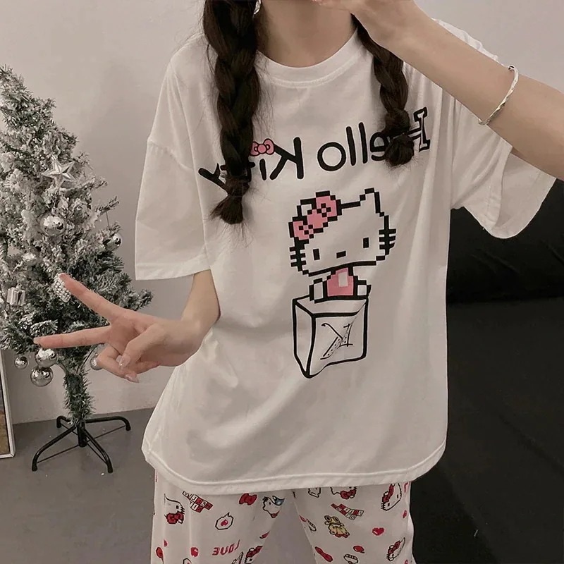 ハローキティ純綿パジャマ女性の夏のかわいい半袖ズボン学生漫画夏の日ホーム服セット一部翌日出荷