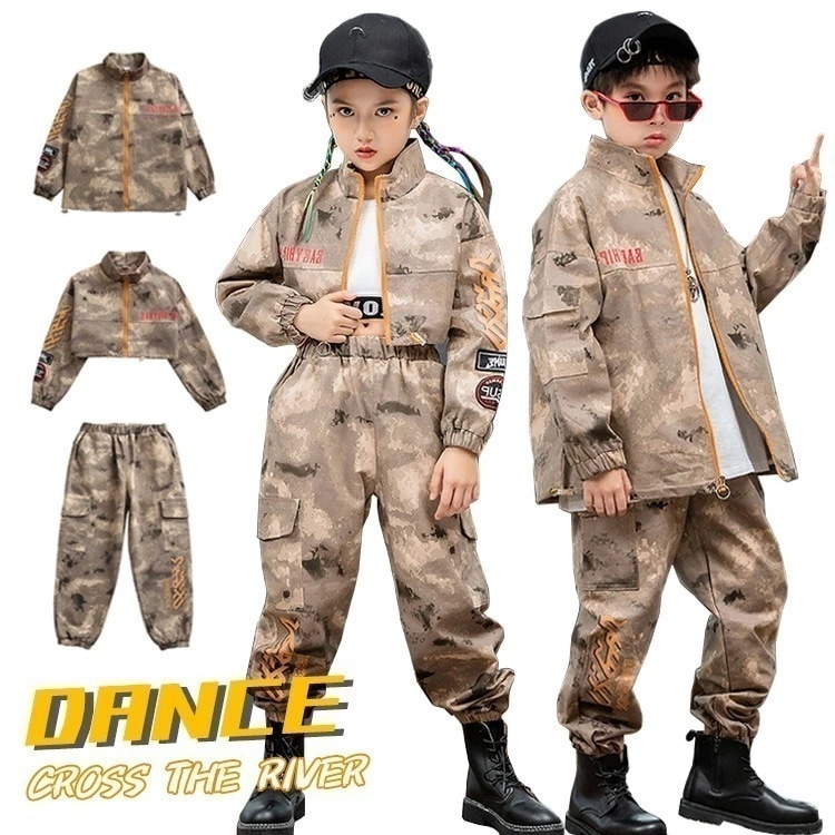 【即納】カーゴパンツ 迷彩 キッズ へそ出し トップス ダンス衣装 女の子 長パンツ ヒップホップ セットアップ カーゴパンツ 長袖パーカー カーゴ服 長ズボン 男の子 ジャケット 韓国 ダンスウェア