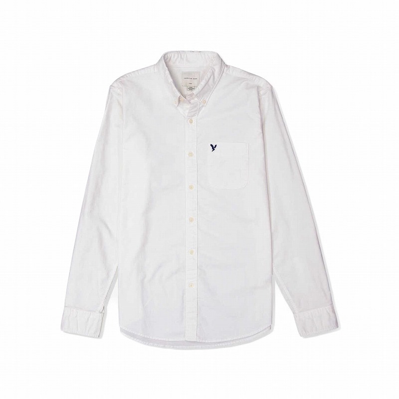 メンズ スリムフィット 長袖 オックスフォードボタンダウンシャツ ホワイト