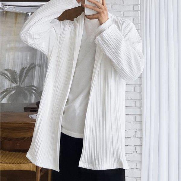 メンズ プリーツ しわ オープン ロング カーディガン 5C-CA-Q097-白