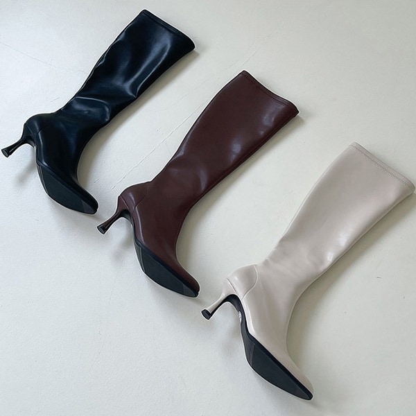 ロングブーツ ポインテッドトゥ サイドジップ レディース 黒 茶色 ブラック ブラウン アイボリー
