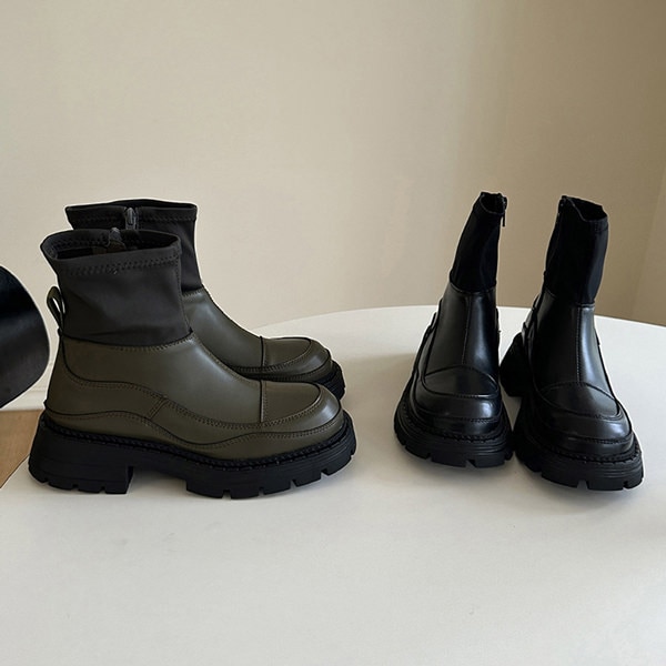 ショートブーツ ソックスブーツ ワークブーツ サイドジップ トラックソール レディース ミドルヒール 黒 ブラック カーキー 歩きやすい 靴 婦人靴 韓国