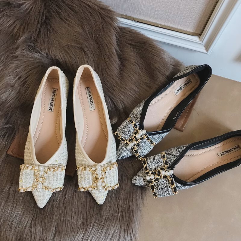 靴 シューズ レディース パンプス 中敷き インナーソール ツイード ワンポイント チェーン リボン フラット 平底 ツヤ無し パール 普段使い パーティ 履きやすい クール モード ルーズ