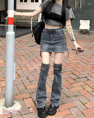 デニム ミニスカート 2点セット デニムスカート ミニ丈 ハイウエスト ジーンズ 加工 ヴィンテージ カジュアル ミニ丈 美脚 脚長 レディース