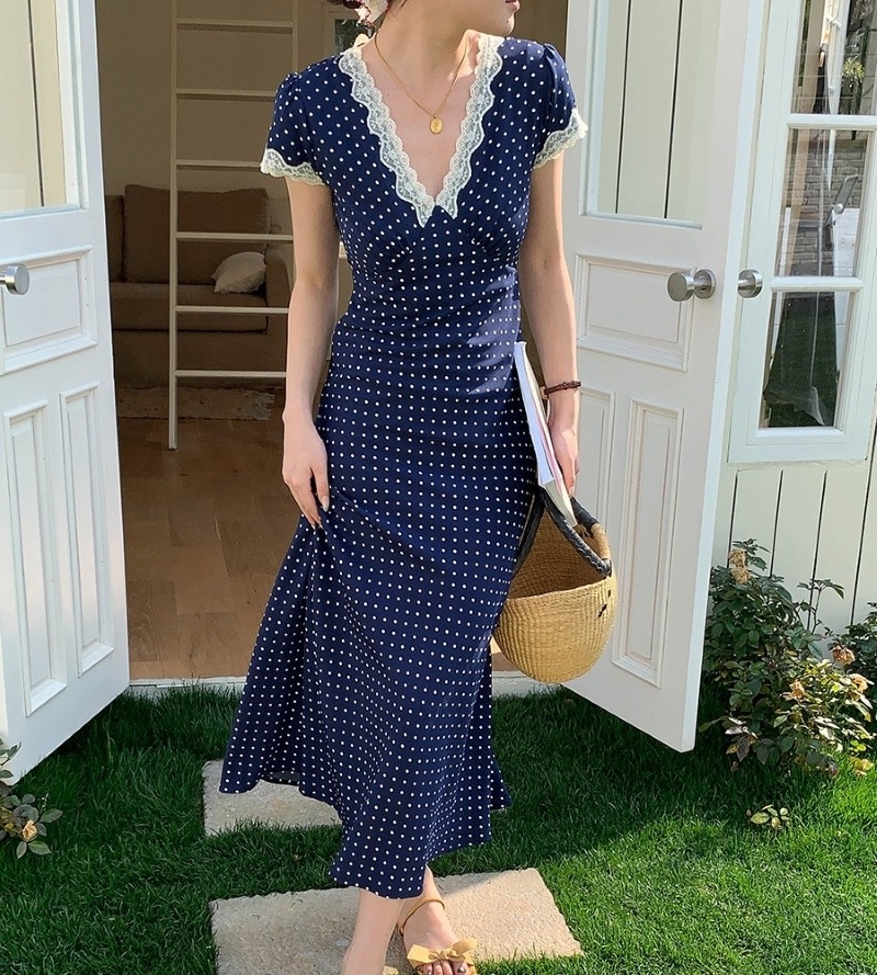 ワンピース レディース シャツワンピース ロング丈 半袖 Vネック Aライン レース シフォン バックリボン きれいめ シンプル 大人 上品 おしゃれ レトロ 存在感 フォーマル ドット柄 春 夏