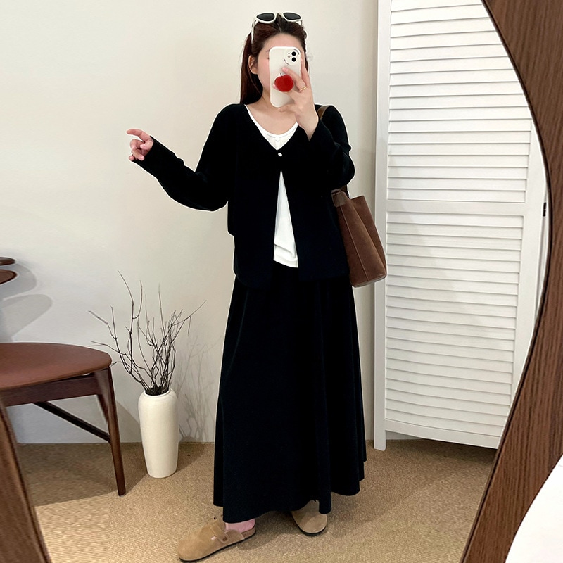 プラスサイズレディース セットアップ風トップス＆スカート2点セット 2025年秋新作 ぽっちゃり体型向けゆったりカジュアルスーツ