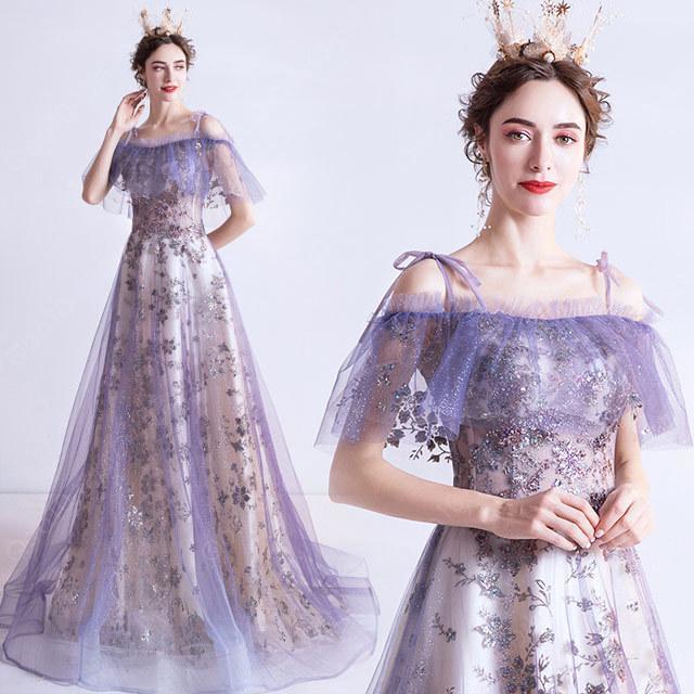 【6TYPES】ボートネック パーティードレス パープル 素敵 キレイめ オフショルダー イブニングドレス キャミ チュール トレーン 演奏会ドレス Aライン-75