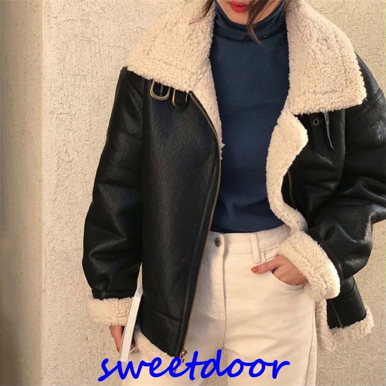秋冬　革ジャン　レディース　レザー　裏起毛　アウター　ムートンコート　レディース　ムートン　ライダース ふわふわ　暖かい