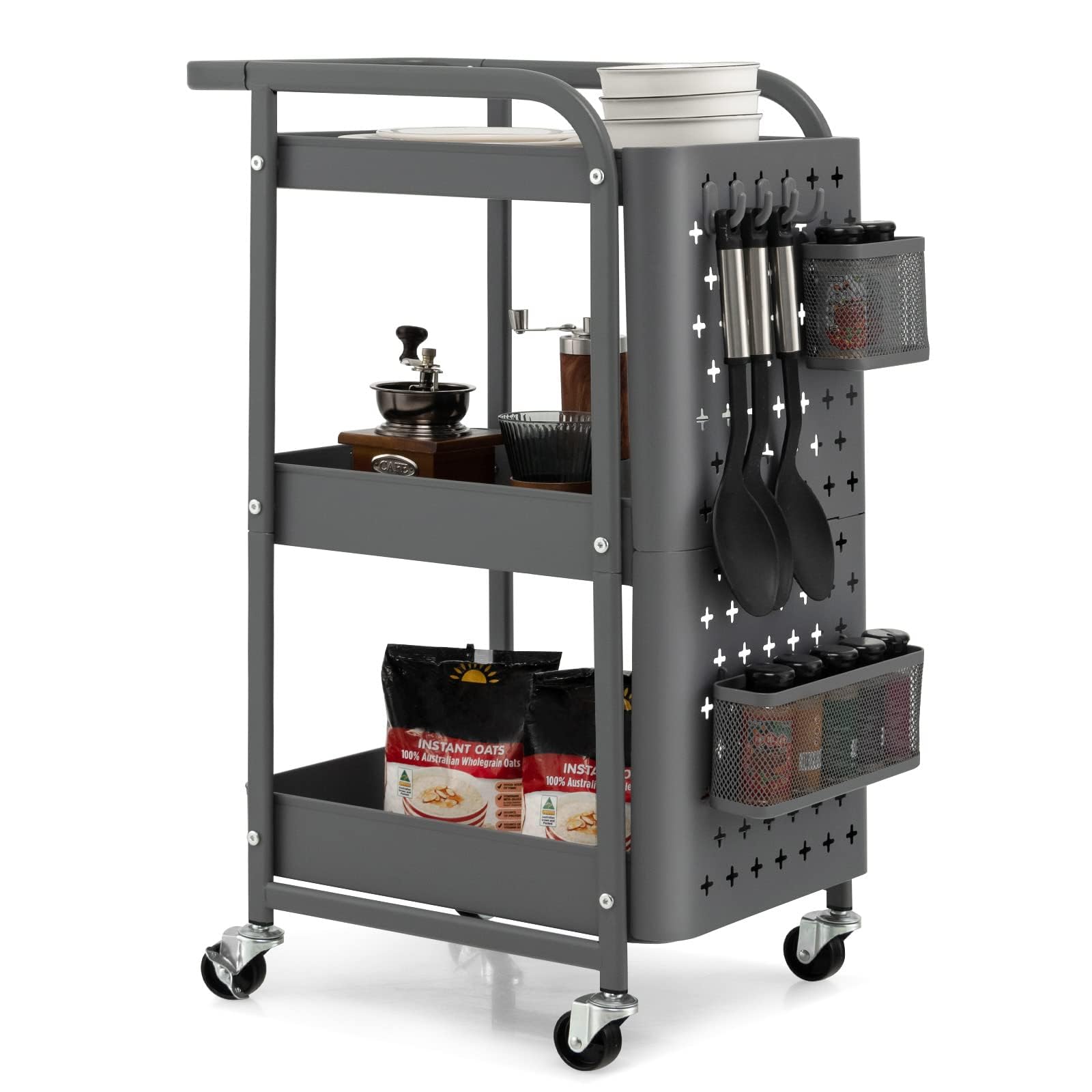 Giantex キッチンワゴン キャスター付き 大容量 3段 DIYペグボード付き 収納バスケット付き フック付き 調味料ラック キッチンカート 炊飯器 調味料 小物 木目調 収納ワゴン スリムラック