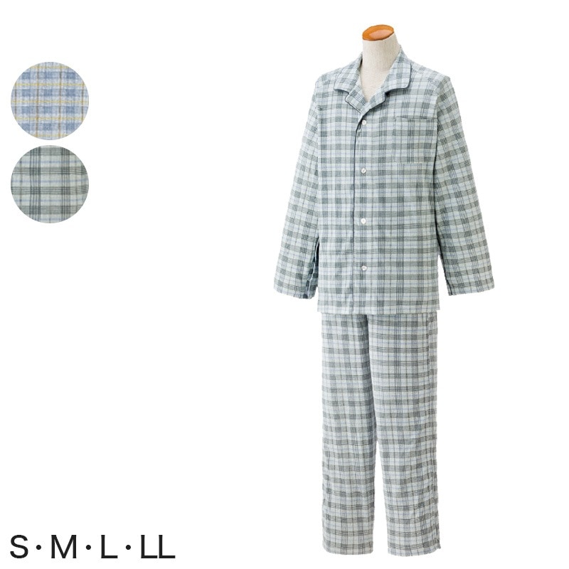 紳士 ワンタッチテープ＋フルオープンパジャマ 上下セット S～LL (メンズ 綿100% ワンタッチテープ マジックテープ式) (送料無料) (取寄せ)