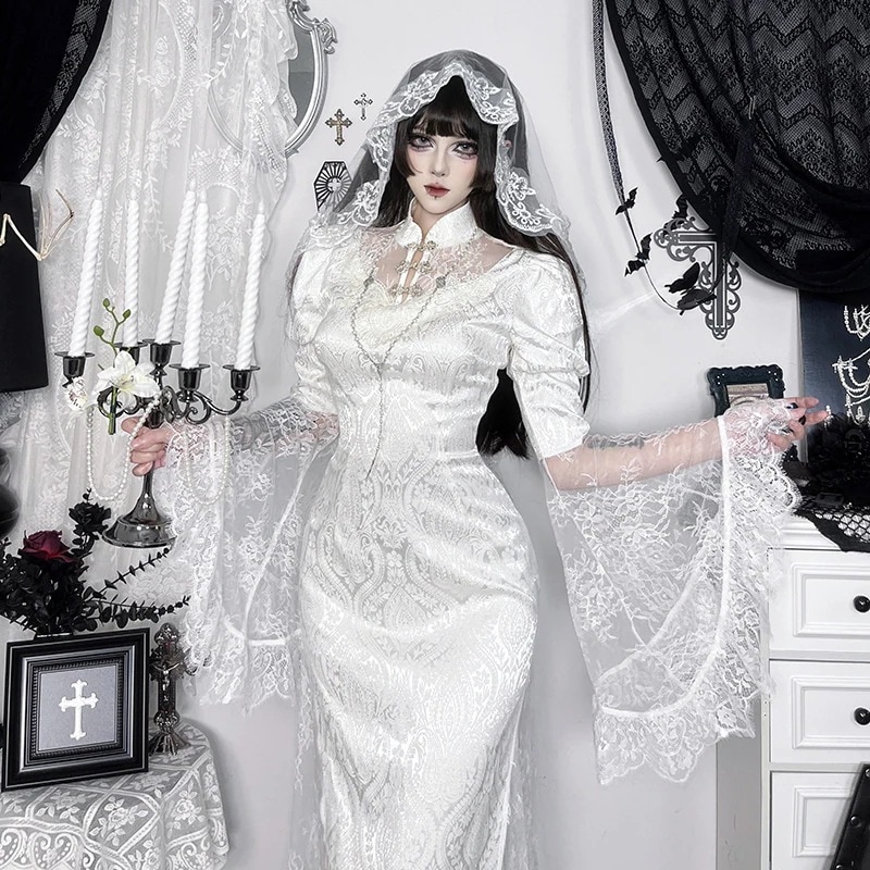 チャイナドレスレースジャカードワンピース ダークフレアスリーブヒップロングスカート コスプレ