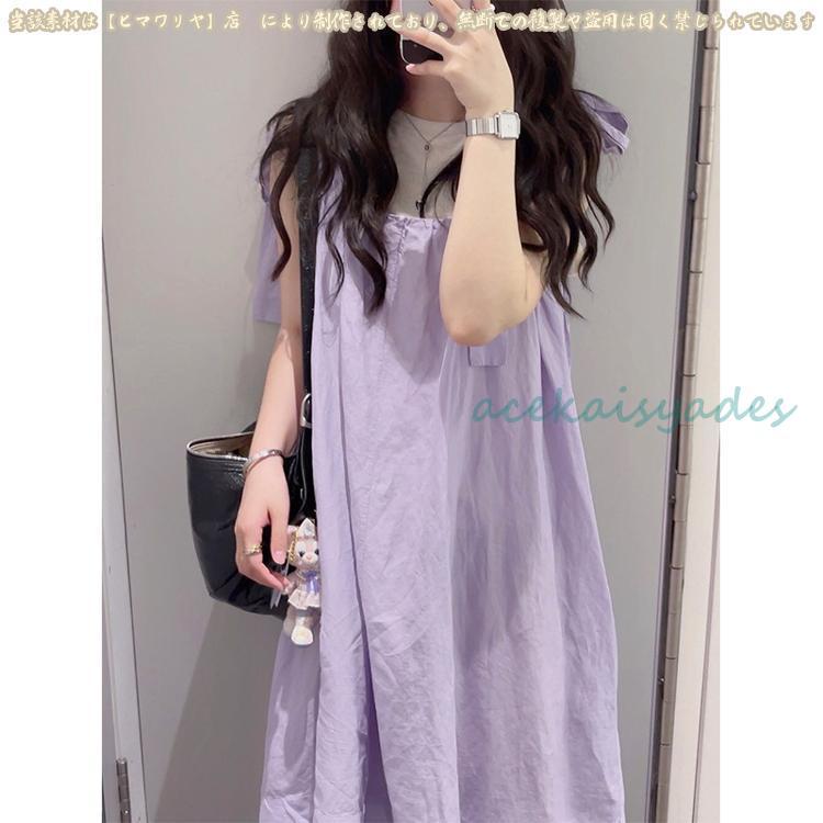 夏新作 ラベンダー紫 麻綿 スリム サスペンダー ワンピース ドレス 無袖 ミディ丈 ゆったり レディース ファッション トレンド 大人可愛い
