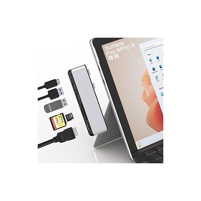 Surface Pro 9 USB ハブ USB-C Thunerbolt 4 (ディスプレイ+データ+PD充電) + 4K HDMIポート + 2x USB3.0 + TF/SD カードスロット マ