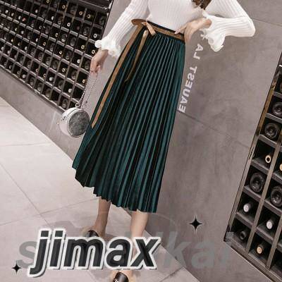 プリーツスカート レディース ロング丈 無地 ベルベット パールベロアスカート ちょう結び 春秋冬 膝下 カジュアル きれいめ ハイウェスト おし プレゼント