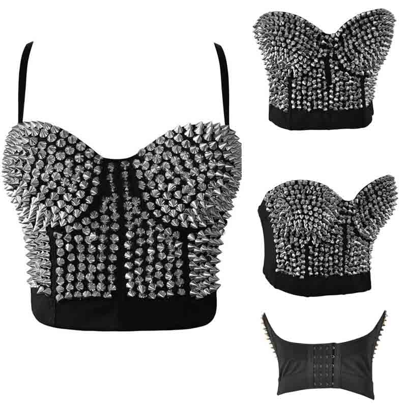 シルバースパイクスタッズリベットブラジャーコルセット ボンデージ風 黒色 トゲトゲ 衣装 女性 仮装 コスチューム SM風 プレゼント 大人 ハロウィン ユニーク nt478xxxxxxxx