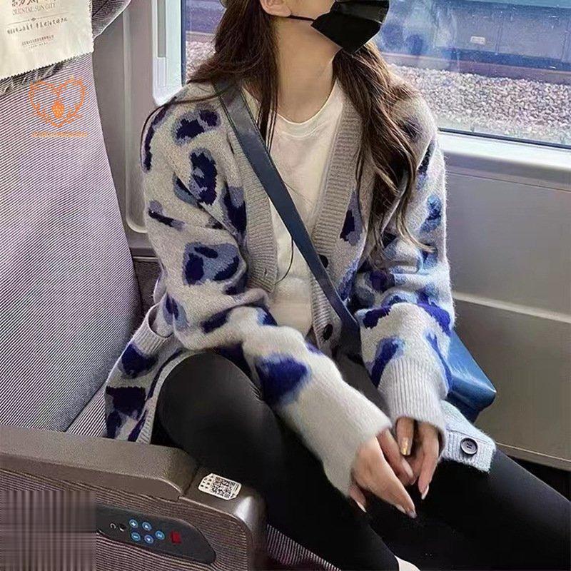 ヒョウ柄セーターカーディガンレディース秋冬韓国風ゆったりミドル丈レトロアウターセーター 5,341円