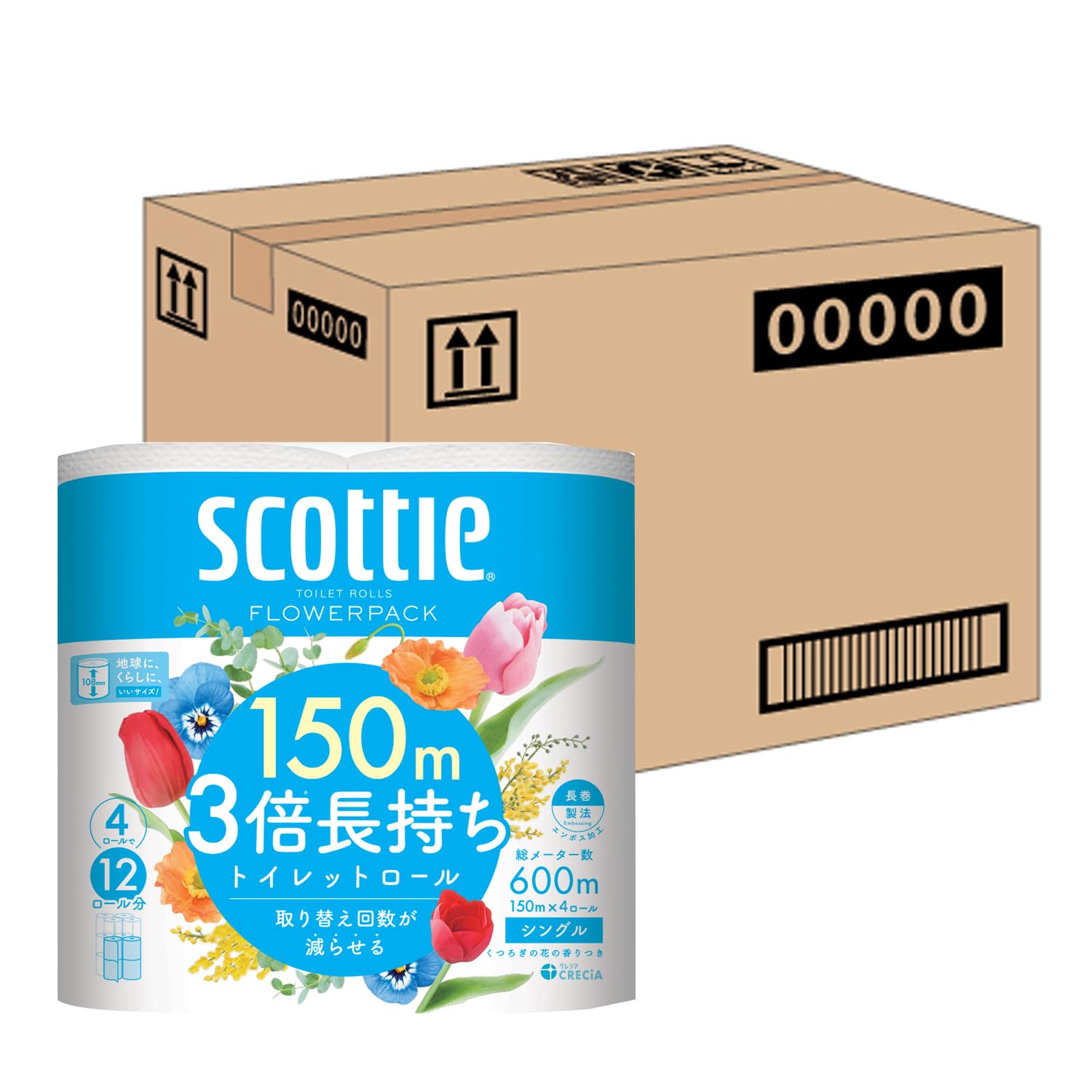 スコッティ 【ケース販売】 フラワーパック 3倍長持ち トイレット4ロール 150m シングル ×12パック入り