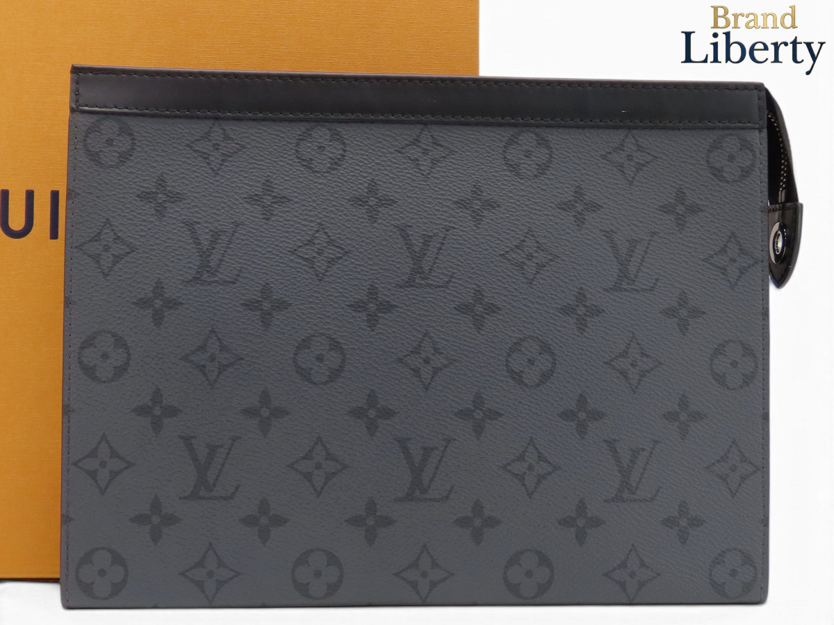 ほぼ新品ルイヴィトンLOUISVUITTONモノグラムエクリプスリバースポシェットヴォワヤージュMMクラッチバッグセカンドバッグハンドバッグポーチグレーブラックPVCレザーM69535