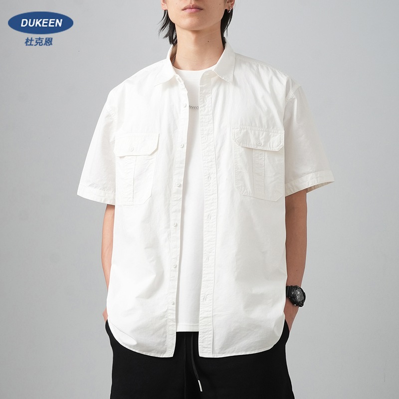 ピュアコットン ワークシャツ 半袖 メンズ サマー ポケットインチシャツ ラペル 高級 純白 シャツ ジャケット