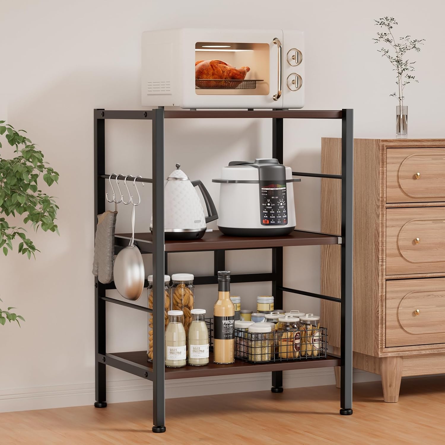 [SuperKois] レンジラック キッチンラック スライド棚 大型レンジ対応 頑丈 レンジ台 食器棚 キッチン棚 キッチン収納 高耐荷設計 組み立て簡単 S字フック4個付き オープンラック 高さ8