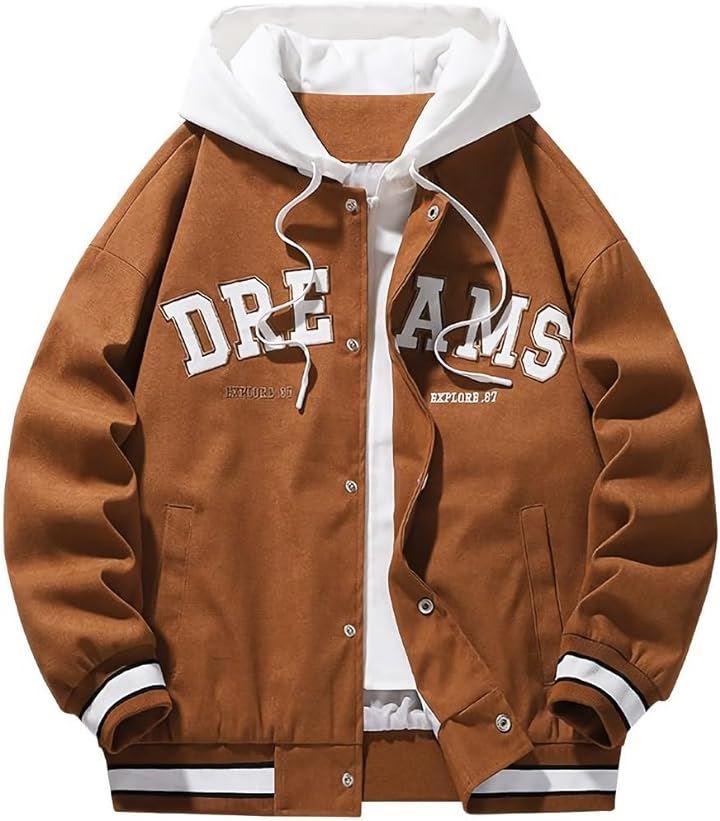 フード付き ジャンパー ストリート系 重ね着風 おしゃれアウター メンズ カッコイイ ジャケット ブラウン(バンダイクブラウン, M)