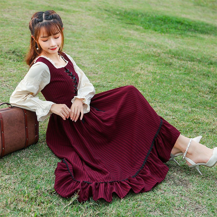 【送料無料】普段着 通勤 大人 通学 JK学生服 女子高生 制服 膝丈 長袖 学園風 ふんわり ロリータ レトロワンピース