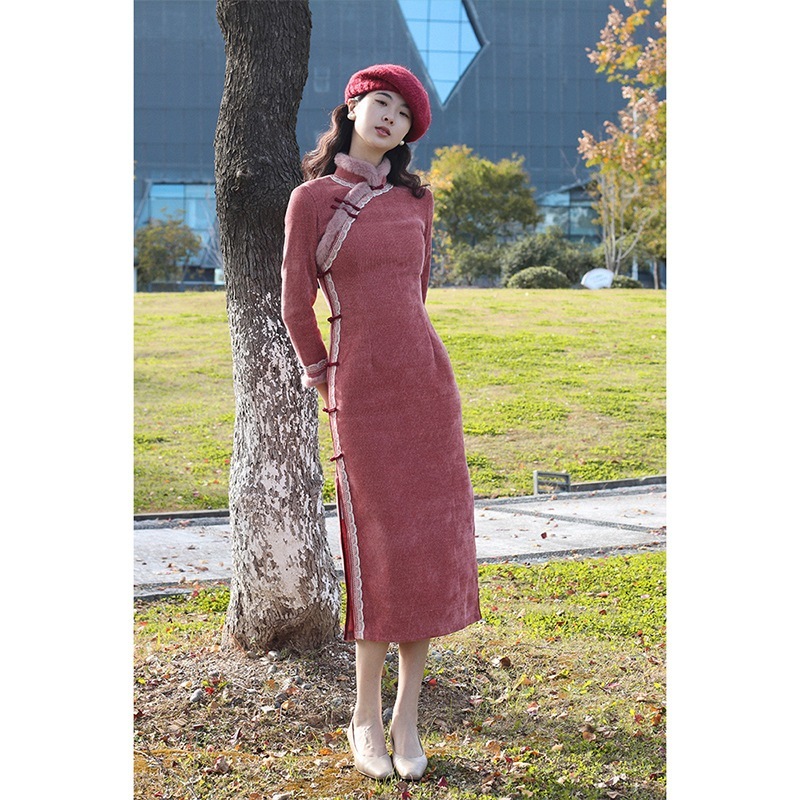 ワンピースドレスドレスドライズドライローズ毎日の改善レトロな秋と冬の長袖チョンサム女性のための新しいスタイルのドレス