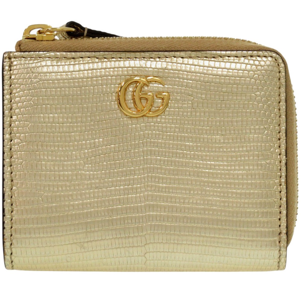 美品 L字ファスナー コンパクトウォレット GGマーモント 644406 二つ折り財布 リザード/リザード ゴールド 0096【中古】 レディース