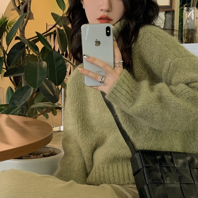 ニット トップス クロップドタートルニット レディース タートルニット クロップドニット ショート丈 ハイネック タートルネック 長袖 ドロップショルダー ウールニット セーター 緑 茶色 グリーン