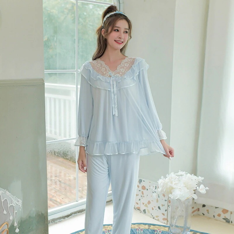 ブルー レディース　パジャマ　長袖　ルームウェア レディース ナイトウェア ガウン セット　上下セット　ネグリジェ　春秋　ガウン　コットン　トップス＋ズボン　 かわいい　ホームウエア　女性