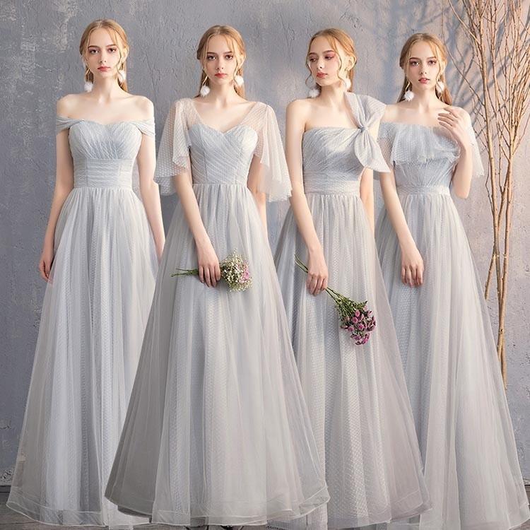 ブライズメイド ドレス ロング グレー 4タイプ お揃い パーティードレス 結婚式 演奏会 ピアノ 発表会 エンパイア フォーマル