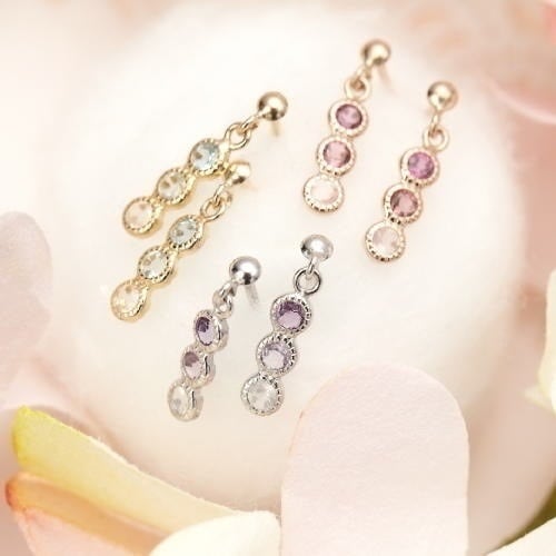 K10WGK10K10PG 3連天然石のグラデーションピアス アメジストライトアメジストローズクォーツ ブルートパーズスカイブルートパーズブルームーンストーン ロードライトガーネットピンクトルマリンロ