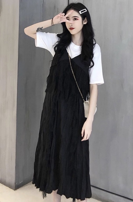 レディース トップス ワンピース 2点セット ロング 半袖 キャミソール Ｔシャツ 春 夏 無地 ワイド Aライン オーバーサイズ 大人可愛い きれいめ シンプル カジュアル おしゃれ こなれ感 ラフ