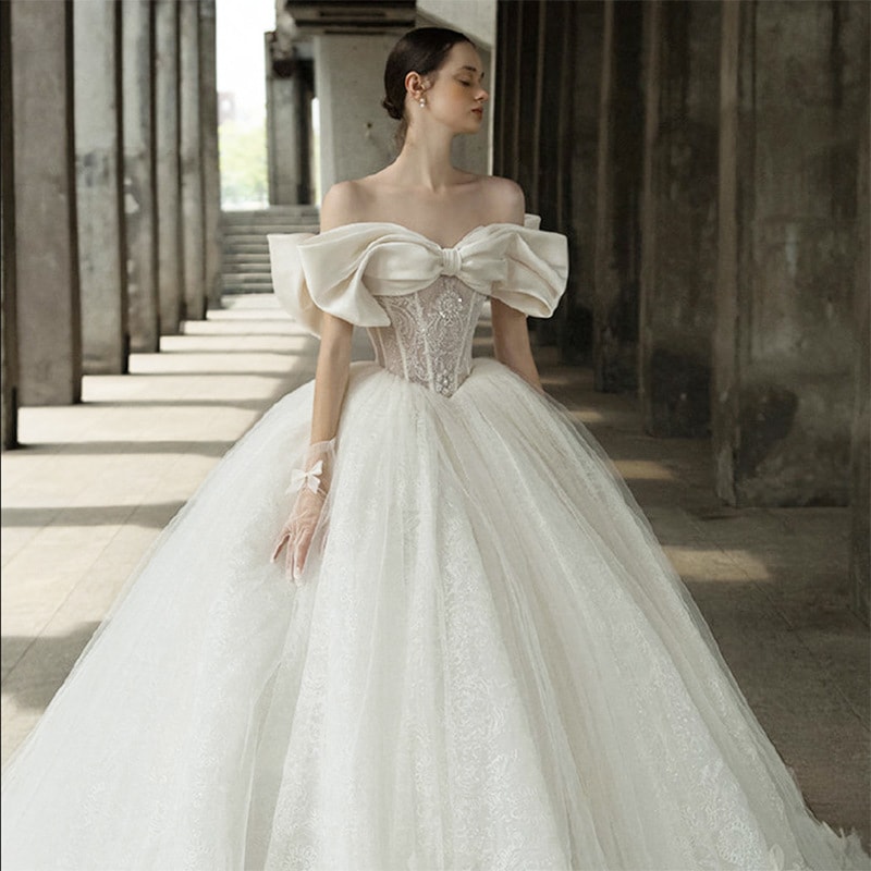 ウエディング花嫁ロングドレス字肩結婚式ブライダルパーティードレス二次会イブニングドレス白