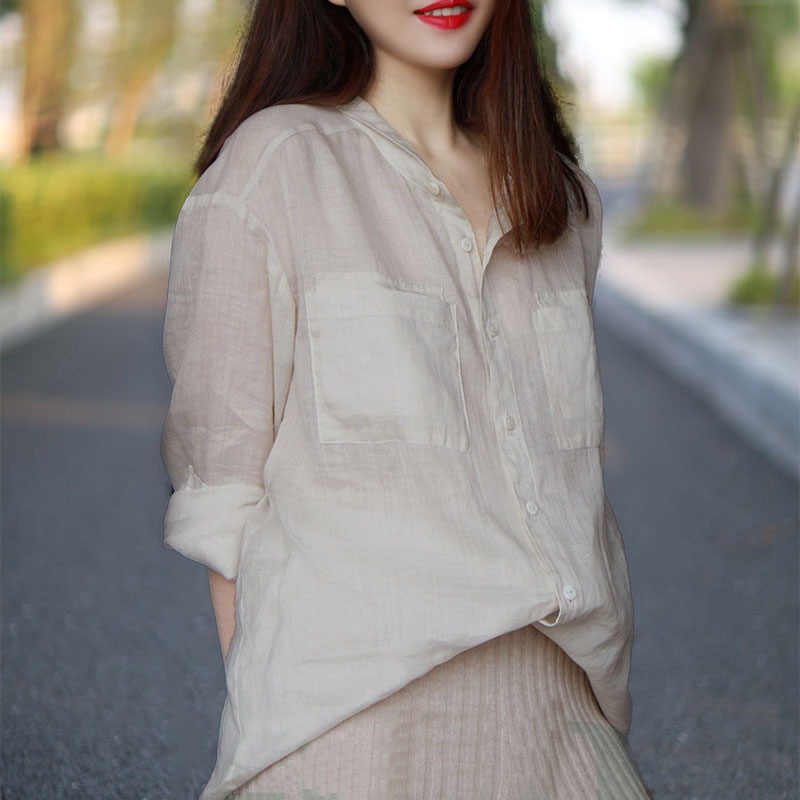 シャツ ブラウス 長袖 ドロップショルダー 襟付き 角襟 ポケット 麻 リネン 薄手 透け感 シンプル カジュアル ラフ 大人可愛い 春 秋 デート オフィス 通勤 重ね着 XL ホワイト