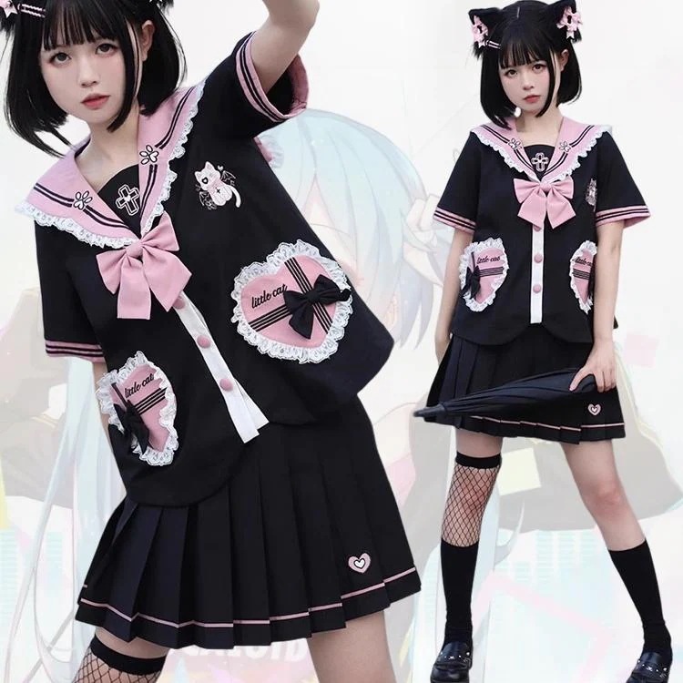 【韓国ins大人気】即納セーラー服 ロリ 制服 ロリータ lolita系 ゴスロリ 女子高生 スクール 制服 萌え萌え ネコ 可愛い ハロウィン コスプレ制服 フルセット 仮装 イベント