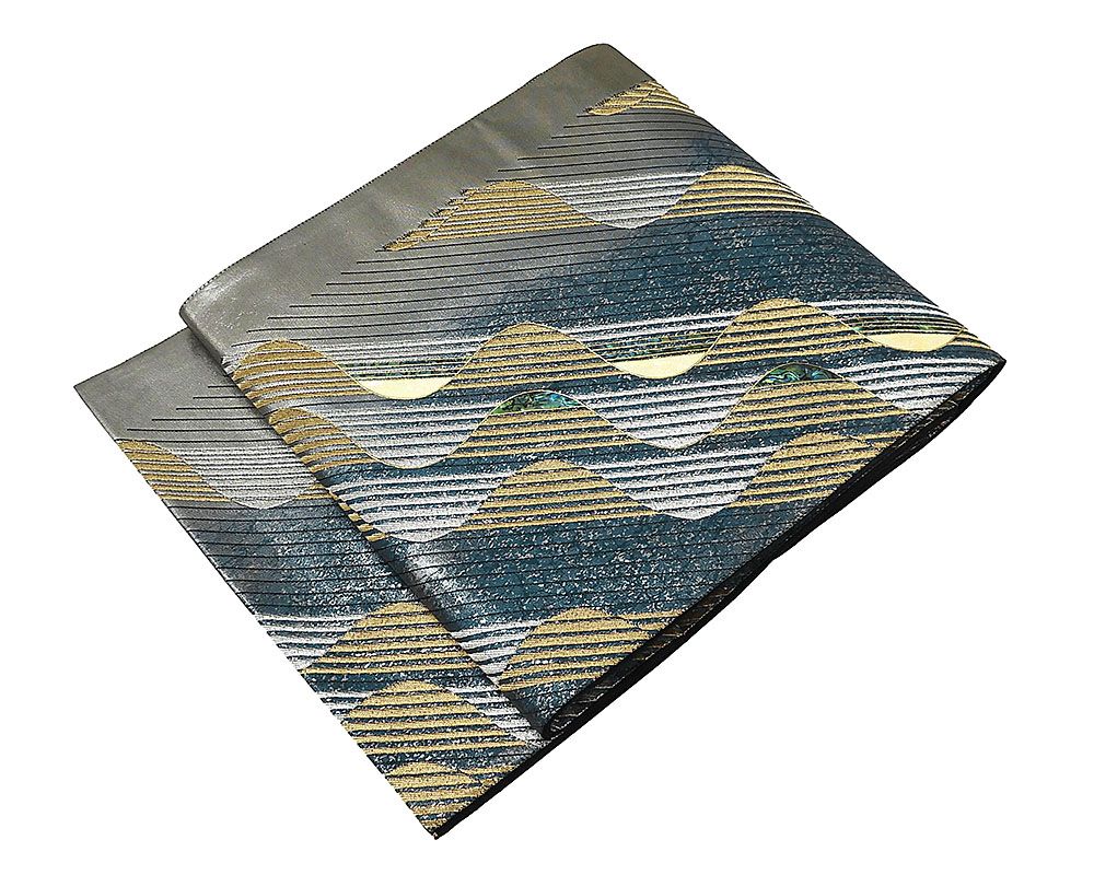 袋帯 正絹 螺鈿作家 藤本隆士作 斜段幾何模様 袋帯 美品 リサイクル g0533