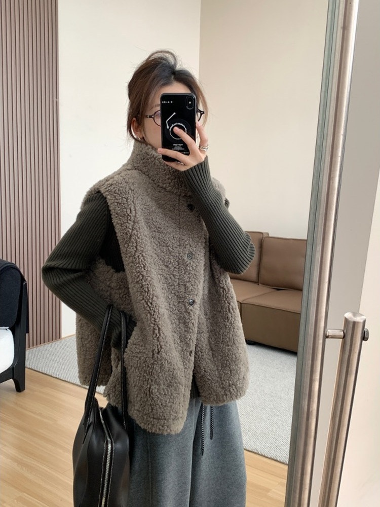 皮毛一体 暖かラムウール スタンドカラーベスト レディース 秋冬 韓国風 ゆったり 細身 アウター レイヤードベスト