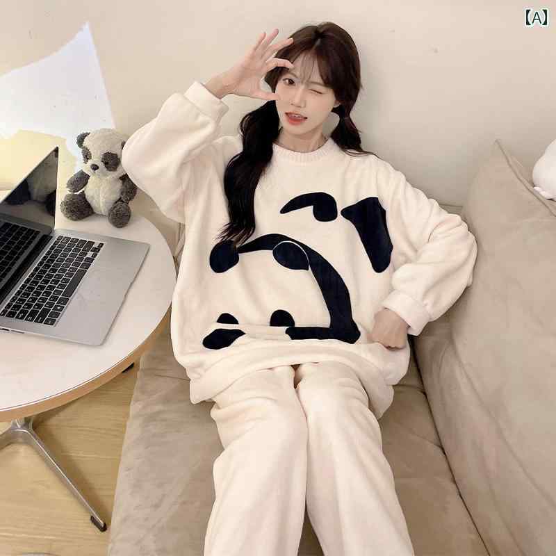 ルームウェア レディース パジャマ 部屋着 ガーリー 秋冬 長袖 ラウンドネック 暖かい パンダ ホワイト