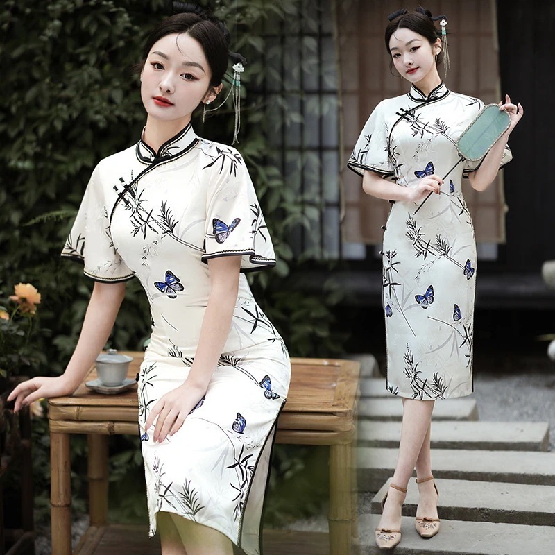 2024春夏改良チャイナドレスデイリー新風レトロ蝶中高年スリムミドル丈スタイル