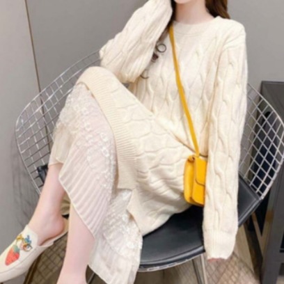 ゆったりニットワンピース ワンピース ニット セーター ロング ロング丈 長袖 ラウンドネック