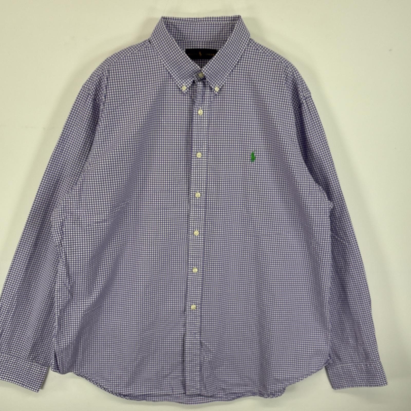 古着 長袖シャツ ボタンダウンシャツ ワンポイント ロゴ 刺繍 大きいサイズ XXL パープル系 チェック メンズ