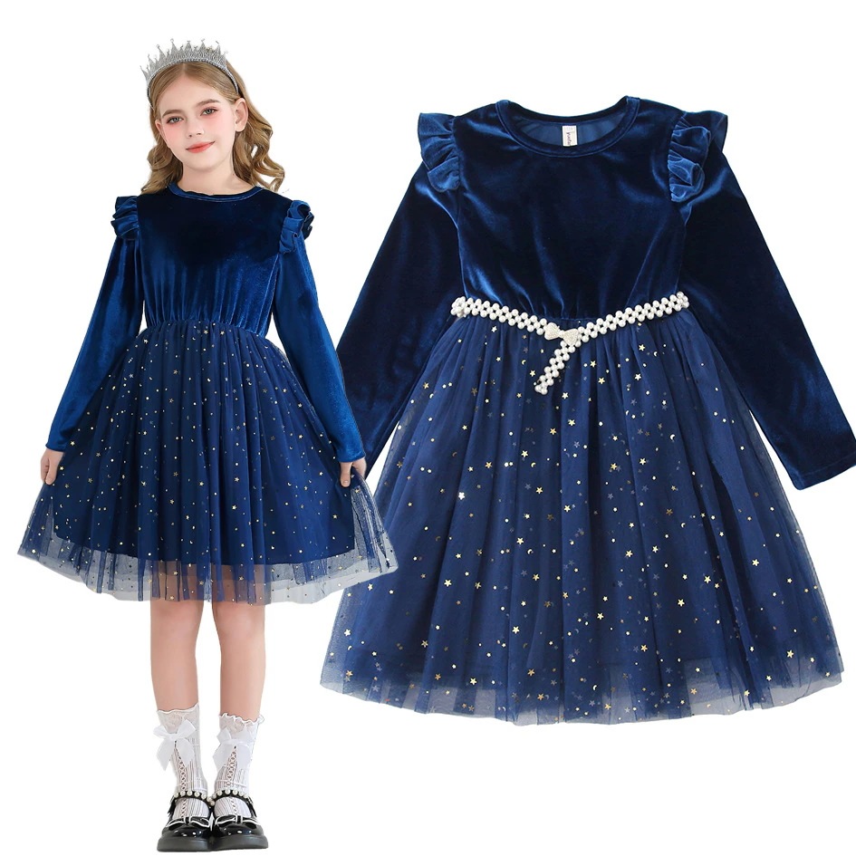 ヨーロッパとアメリカの女の子の長袖のおしゃれなパーティードレス星空メッシュスカートプリンセスドレスパフォーマンス衣装子供服