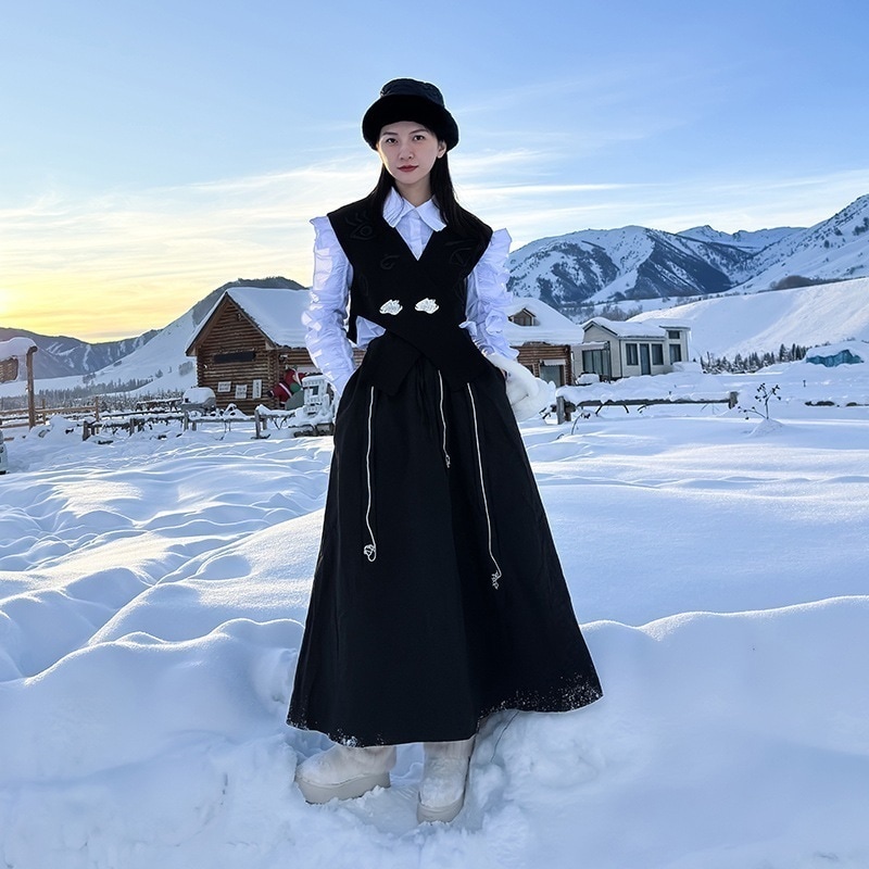 【J.Fashion】 お姫様 セットアップ ブラウス+ベスト+スカート 3セット フリル レディース セットアップ 関連商品は店で購入可能30%までに制限