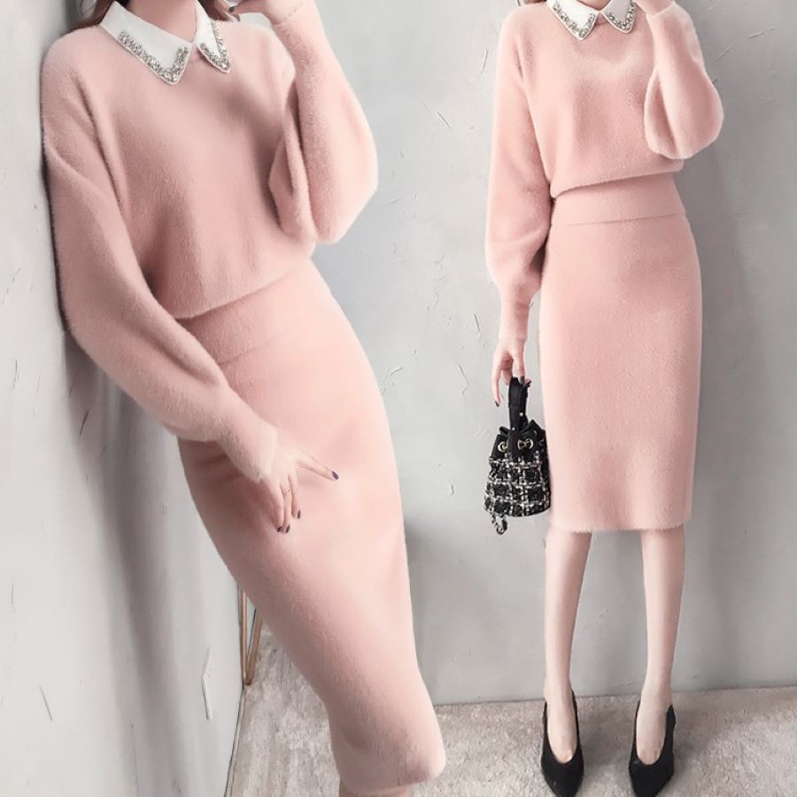 人気爆発ニット 長袖 セットアップ スーツスカートミンクフリース 9758