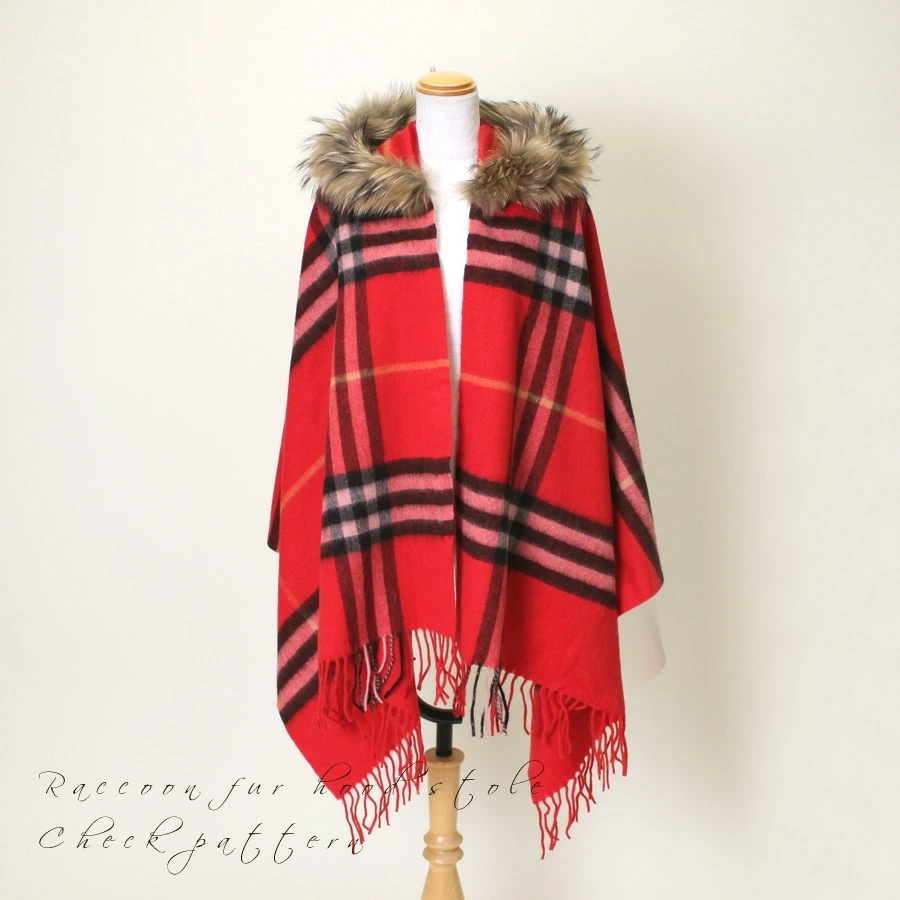 ウール100% 大判 ストール フード付 ラクーン ファー トリミング チェック柄 レッド