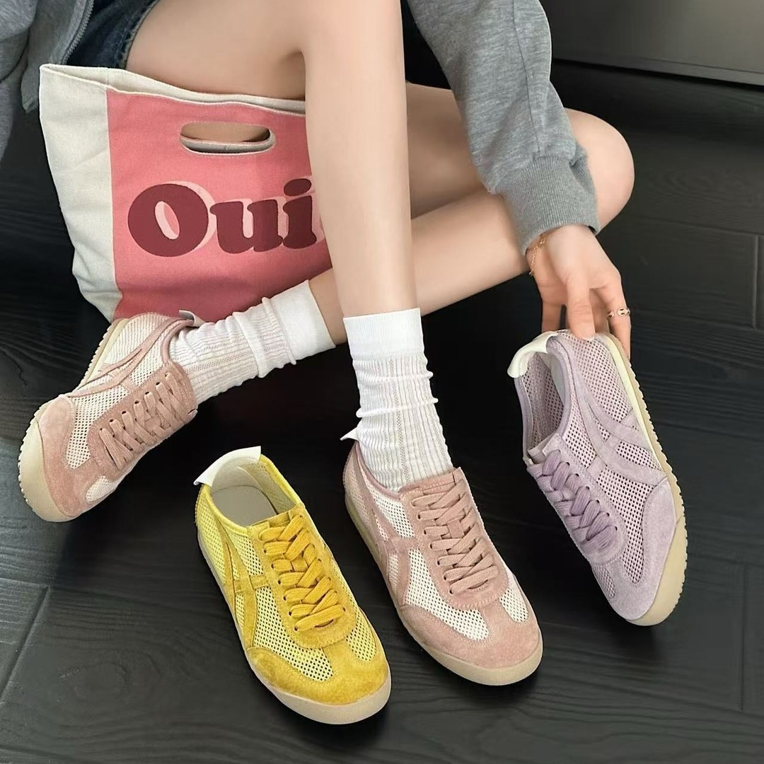 メッシュ通気性フォレストガンプシューズレディース2025年夏新作カラーマッチング本革ドイツトレーニングシューズフラット底ソフト底スポーツカジュアルシューズ